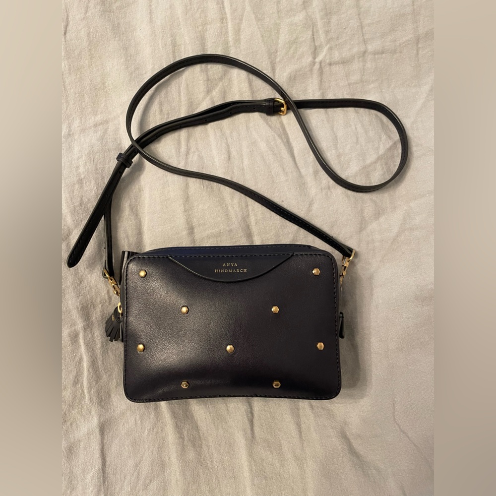 Navy Anya Hindmarch - Double Zip Leather Crossbody with adjustable strap
